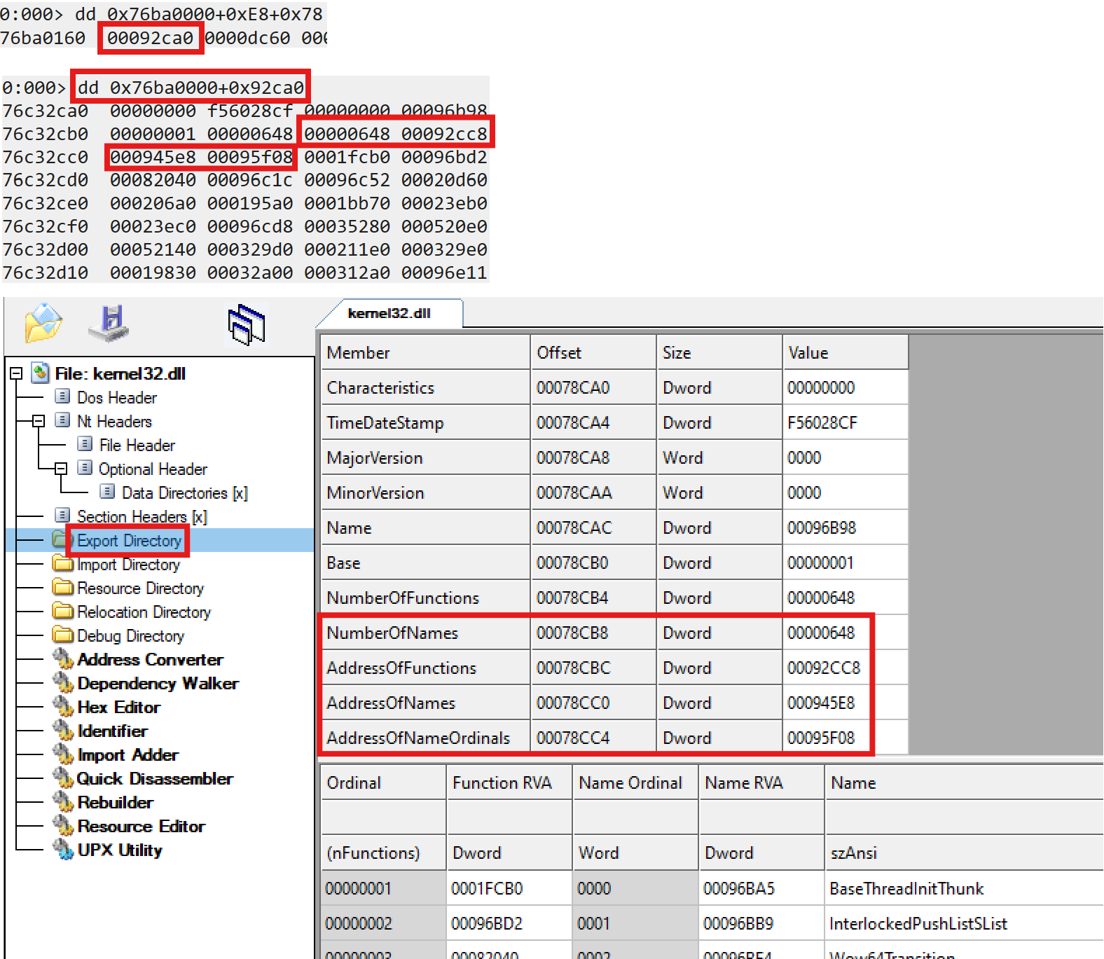 Base of the export address table