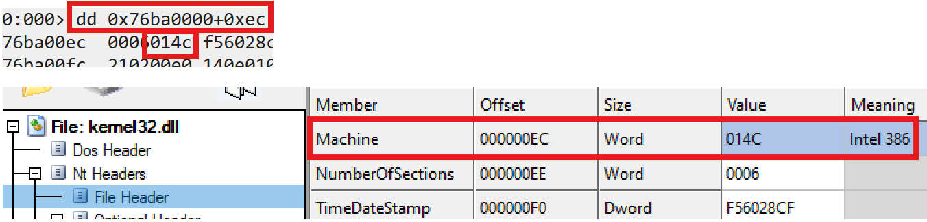 DOS signature (little-endian) at kernel32.dll base address