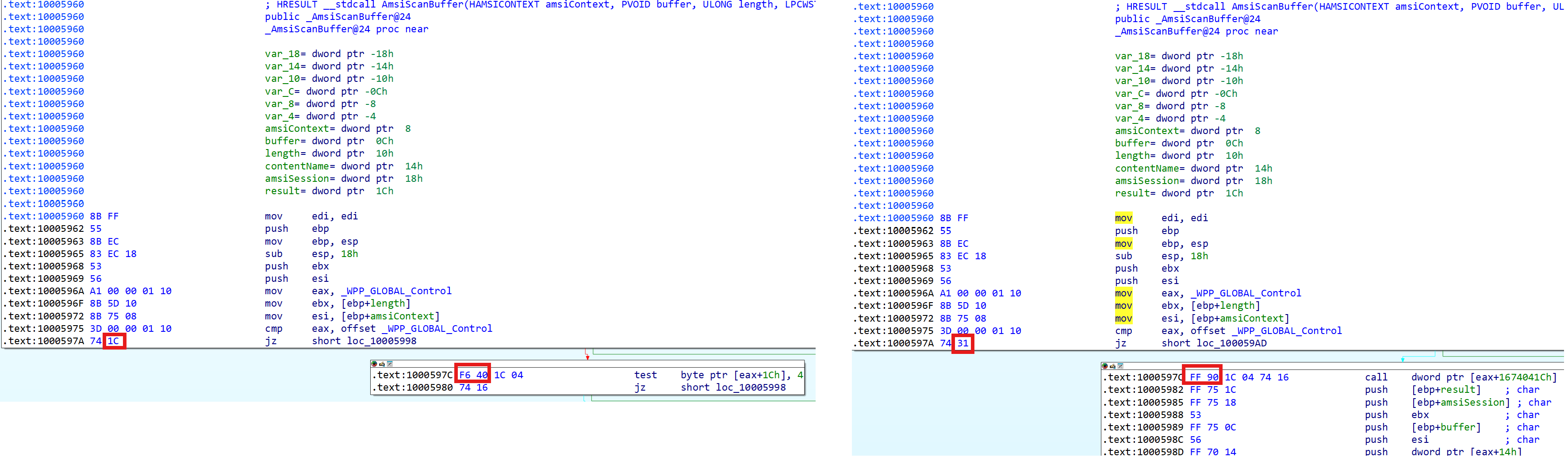 Comparison between unpatched and patched 32-bit `AmsiScanBuffer` function